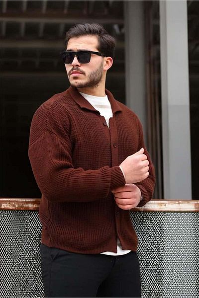 Valiberta Oversize Thessaloniki Knitted Buttoned Men's Cardigan - Dark Brown