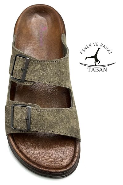 Moda Anna Men's Slippers-Caubex 25103 Khaki, Width Flexible and Leather Material