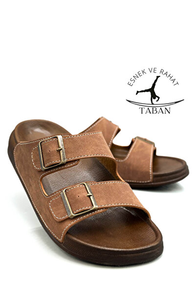 Moda Anna Double Buckle Adjustable Width Flexible Comfortable Leather Men's Slippers 25103 Tan