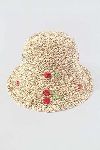 BAHELS Εισαγόμενο Ψάθινο καπέλο με πλεκτό μπεζ κεράσι