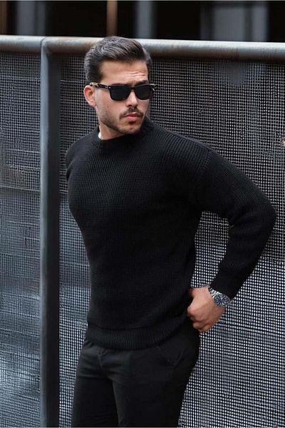 Valiberta Oversize Thessaloniki Braided Crew Neck Men's Knitwear Sweater - Black