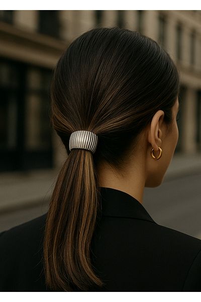 cityvision Shiny Silver Color Metal Detailed Modern Rubber Hair Clip – Elastic and Stylish Clip Model