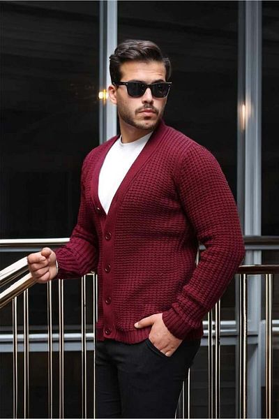 Valiberta Nopenli Ribbed Knitted Buttoned Cardigan - Claret Red