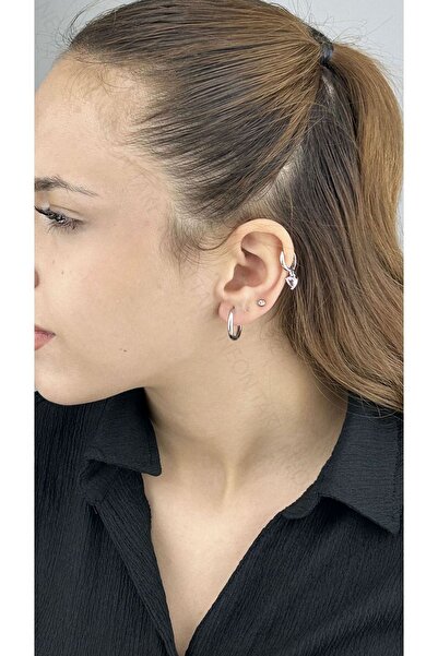 Neon Takı by Atalay Sensitivity Tag and Stainless Hoop Earring 620, Silver Color, Outer Diameter 19mm