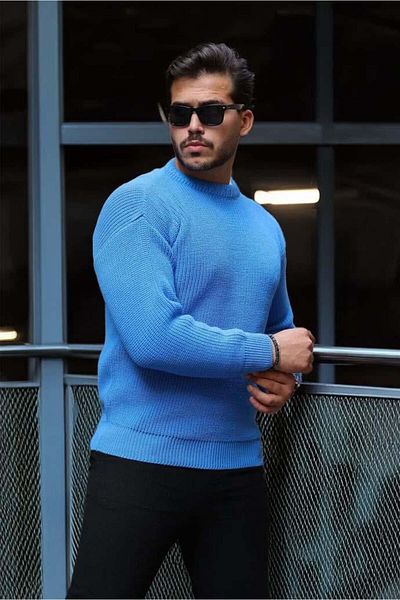 Valiberta Oversize Thessaloniki Braided Crew Neck Men's Knitwear Sweater - Light Blue
