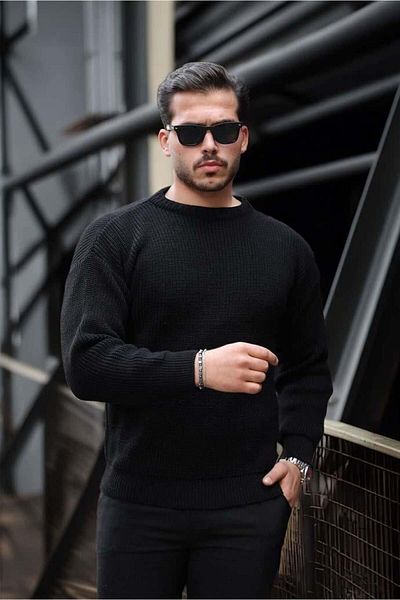 Valiberta Oversize Thessaloniki Braided Crew Neck Men's Knitwear Sweater - Black
