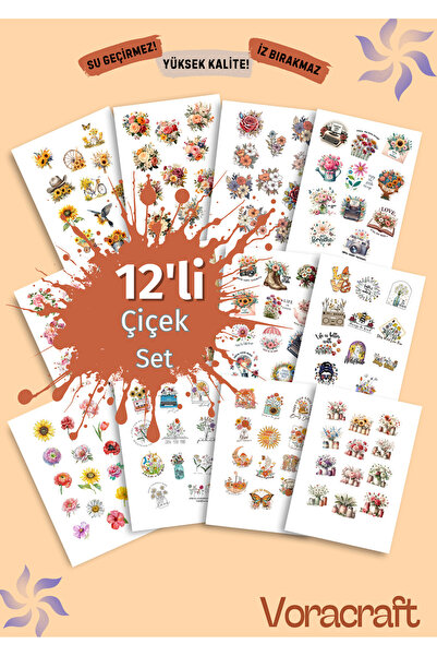 VORACRAFT 12'li Çiçek Sticker Ajanda Bullet Laptop Journal İK001