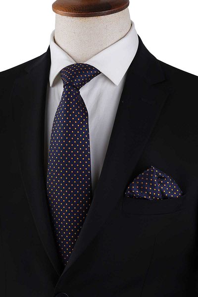 Kravatkolik Navy Blue Small Pattern Classic Tie with Handkerchief Kk13139