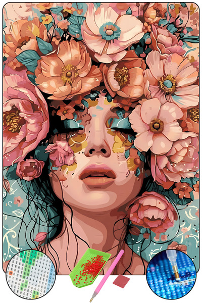 HONDEP 5D Elmas Boyama Seti – Rengarenk Çiçekli Kadın Portresi | 40x50cm - Tu...