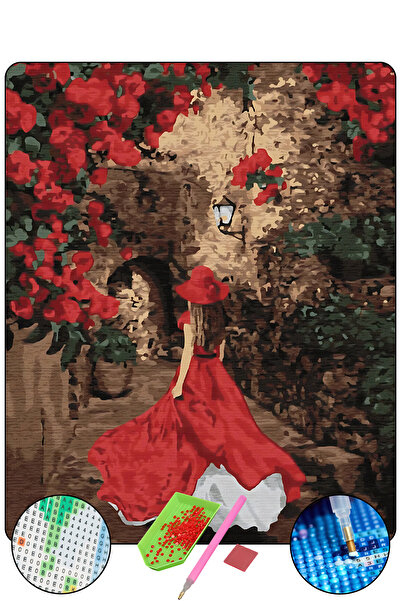 HONDEP 5D Elmas Boyama – Kırmızı Elbiseli Kadın | 40x50cm - Tuvale Gerili Dia...