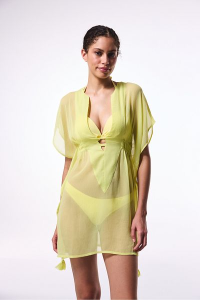 Penti Gelber Basic-Chiffon-Mini-Kaftan mit V-Ausschnitt