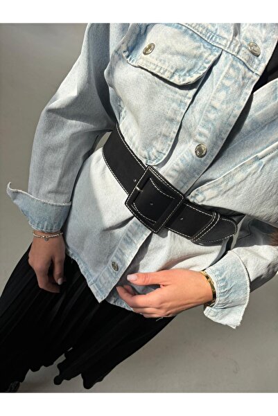 Milenia Style Geniş kadin Deri Kemer Siyah Hakiki Deri Ceket Kemeri Elbise Şı...