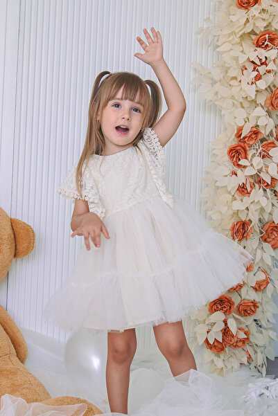 Baby Animals Kız Bebek Elbise Kız Çocuk Elbise Doğum Günü Parti Düğün Elbise Dantelli Kısa Kol Astarlı Elbise