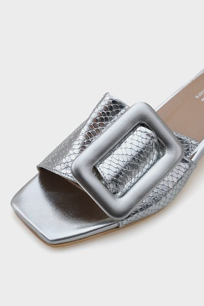 Capone Outfitters Papuci de damă Malia cu toc scurt, cu cataramă, din piele lacuită, crocodil