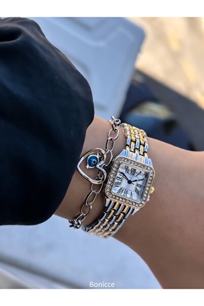 Bonicce Hediyelik Kutusunda Gümüş Renk Küçük Kare Kasa Kadın Kol Saati Bileklik