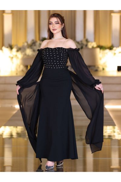 Nice Model Black Off-Shoulder Pearl Evening Dress Long Chiffon Sleeves Formal Gown Elegant Party Wear