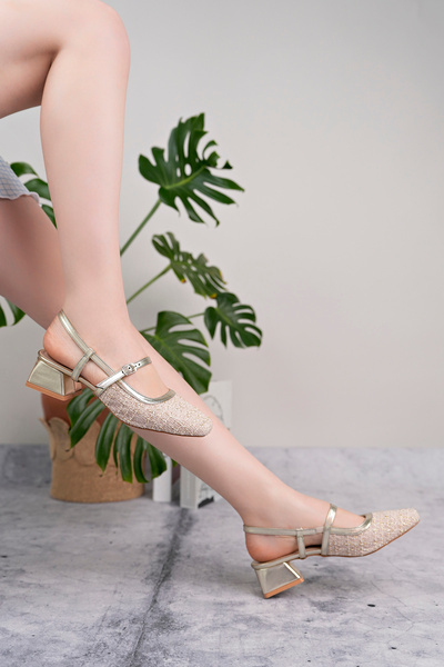 moon glow Women's Mary Jane Gold Color Slingback Square Toe Tweed Shoes