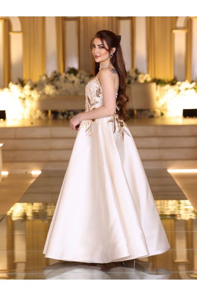 Nice Model Elegant Beige Embroidered Evening Gown Long Formal Dress Ball Gown Wedding Guest Dress
