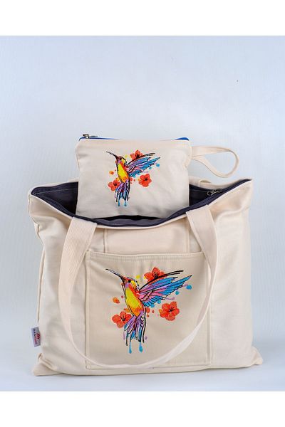 Wings Of Simurg Geantă și portofel din pânză Boutique-krem brodate Bee Bird - Fermoar