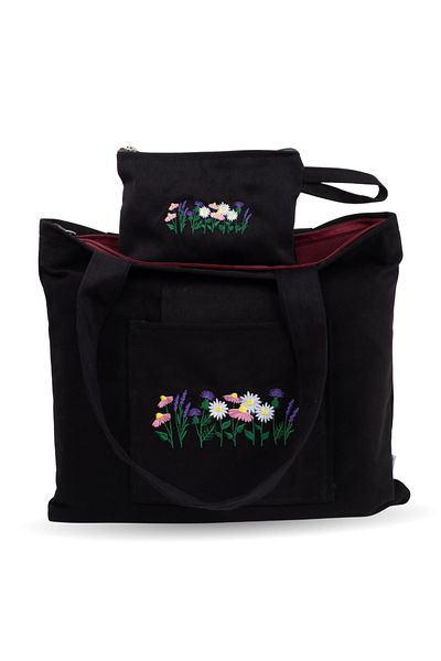 Wings Of Simurg Lavanda Daisy Brodat - Geantă și portofel din pânză neagră cu fermoar Butikmutik