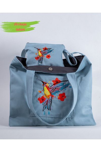 Wings Of Simurg Set de geantă și portofel din pânză cu fermoar brodat Boutique Mutik-bee Mint