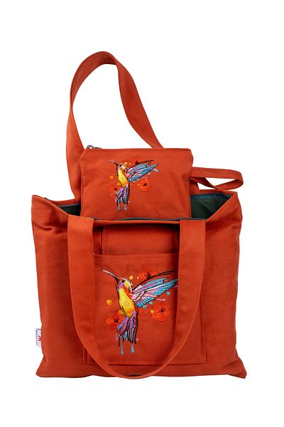 Wings Of Simurg Butikmutik - Geantă și portofel din pânză cu fermoar brodat de culoare scorțișoară