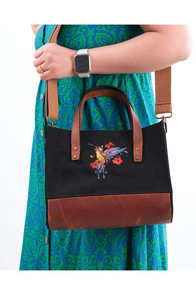 Wings Of Simurg Hummingbird Embroidered Genuine Leather-Canvas (Black-Small Size) Bag