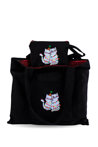 Wings Of Simurg Butikmutik-kedi Nakış Işlemeli Fermuarlı Siyah Kanvas Bez Çan...