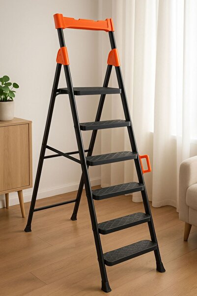 Genel Markalar Dayanıklı Metal Merdiven 5+1 Siyah Geniş Basamaklı Ev Ve iş Me...