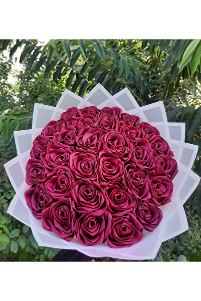 BUKET DÜNYASI 30 Lu Led Işıklı Solmayan Gül Buketi Bordo Gül Dışı Beyaz