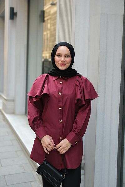LOCCO Women's Sleeves Wallpaper Button Detailed Shirt Claret Red