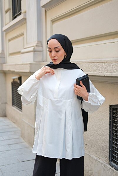 LOCCO White Women's Tunic - Balloon Sleeve and Pleat Detail