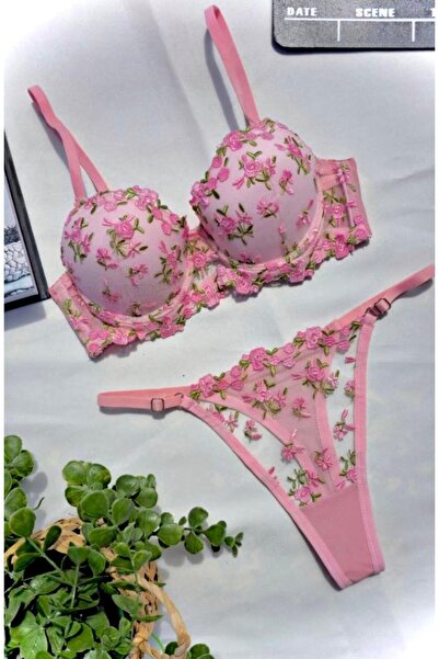 RUYAZ Pembe Çiçekli Push-Up Dolgulu Sütyen Takımı – Dantelli Fantazi İç Giyim(sütyen tanga)