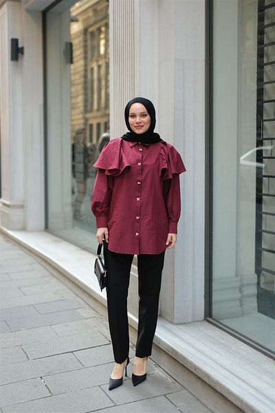 LOCCO Women's Sleeves Wallpaper Button Detailed Shirt Claret Red