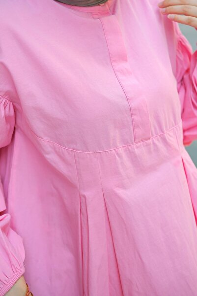 LOCCO Pink Women's Tunic - Balloon Sleeve and Pleat Detail