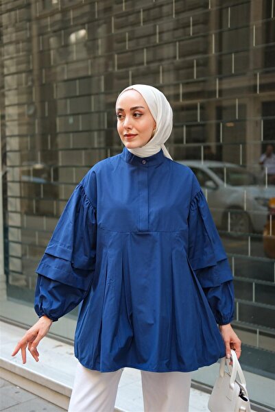 LOCCO Women's Balloon Sleeve Pleat Detailed Tunic Navy Blue