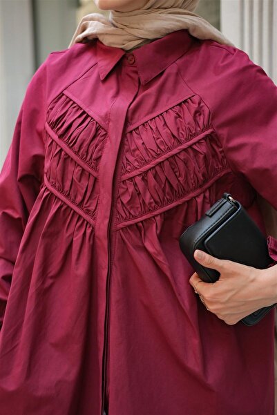 LOCCO Kadın Önü Parça Roba Büzgülü Tunik Bordo