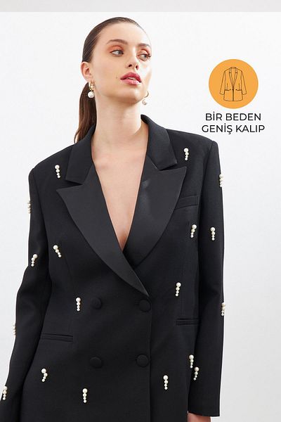 Setre Black Pearl and Button Detailed Wide Fit Jacket