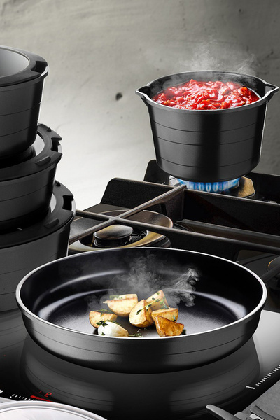 NEOFLAM Midas Siyah 11 Parça Ayrılabilen Emniyetli Saplı Iç Içe Geçebilen Indüksiyonlu Tencere Tava Seti