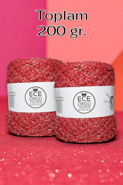 Ece Örgü Tasarım Atölyesi Kendinden gümüş simli, kırmızı italyan koton buklet el örgü ipi (200 gr.)
