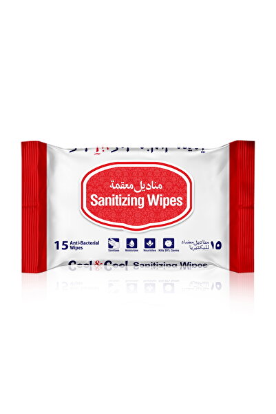COOL & COOL مناديل معقمة 15 قطعة - تقضي على 99.9% من الجراثيم، أساسها الكحول، تنظيف سريع لليدين والأسطح،