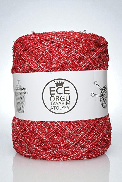 Ece Örgü Tasarım Atölyesi Kendinden gümüş simli, kırmızı italyan koton buklet el örgü ipi (200 gr.)