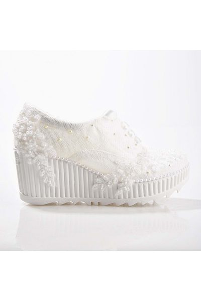 ERDAL KOÇYİĞİT AYAKKABI Ek Merve 2525 Women's Embroidery Wedge Heeled Bridal Shoes