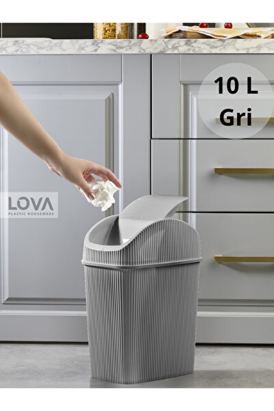 Lova Kapaklı Çizgili 10 Lt Çöp Kovası (Gri)