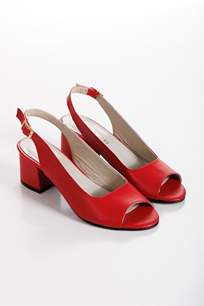 elvinshoes Violet Hakiki Deri Kırmızı Burnu Açık Klasik Topuklu Ayakkabı