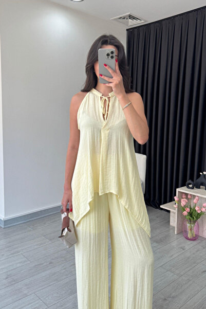 My Blog Yellow Viscose Blouse Wide Leg Trousers Set - 51182