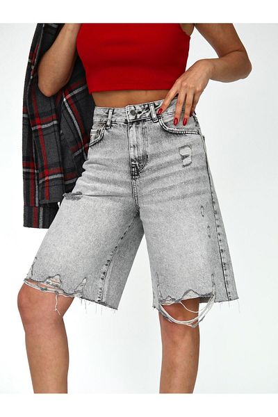 XBELLA DENİM Women's Long Bermuda Denim Shorts Ripped Detailed Midi Length