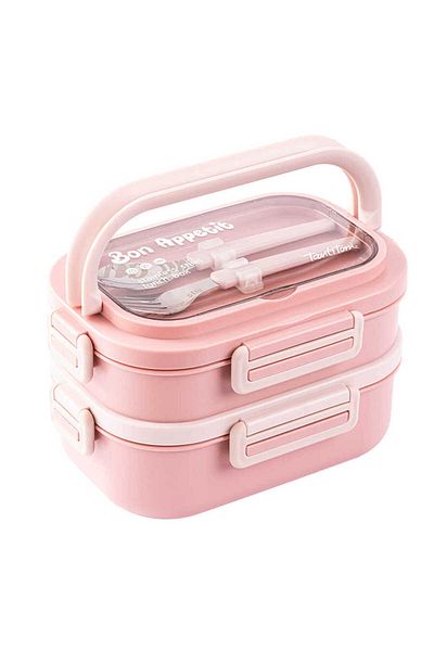 Tantitoni Pink 2 Layer Food Carrying Catan with Fork and Spoon 1.65L