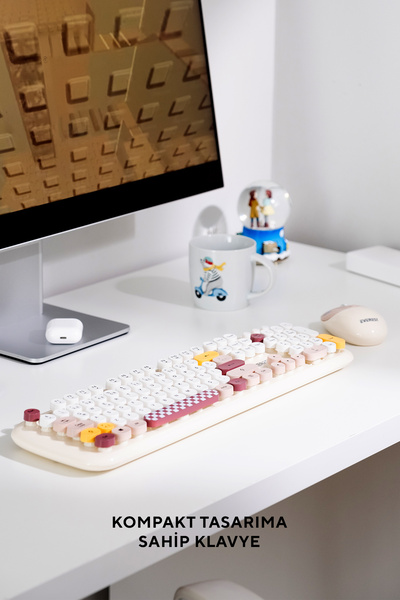 Everest KM-6284 WHISKER Renkli Tuşlu Bej Kablosuz Q Klavye + Mouse Set