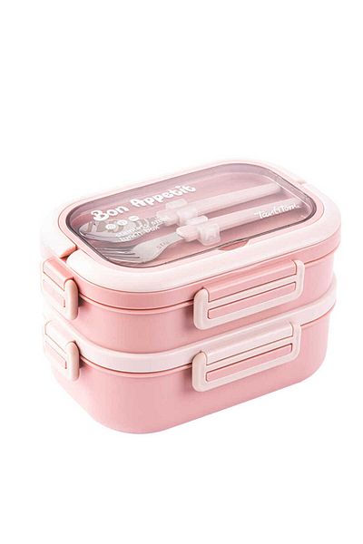 Tantitoni Pink 2 Layer Food Carrying Catan with Fork and Spoon 1.65L